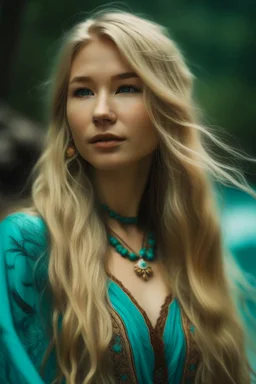 portrait of a beautiful Norwegian-asian woman, super long blond hair, warm-hearted, goddess, turquoise