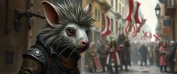portrait of a hairy rock star wererat with stylized hair, fantasy art, style of Rembrandt,Dead drop discovery: While walking, a party member stumbles upon a small, blood-stained package hidden in a gutter. It contains a coded message to a cult of the Dead Three. 9-10 Parade of the Patriars: A noble's procession blocks the street with bone clubs. The crowd is forced to bow, and guards roughly shove anyone who doesn't move quickly enough.