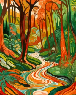 A salmon orange colored rainforest with a creek designed in Mexican folk art painted by Edvard Munch