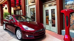 A Tesla's 'Model S Plaid' is parked, in the 'Islands of Adventure, Universal', in Orlando, Florida. CINEMATIC. WIDE ANGLE LENS.
