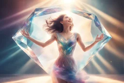 inside of a huge diamond a beautiful brunette woman dancing happily and dynamically, the diamond is in the opened palm of God, S<AI in sunshine, ethereal, cinematic postprocessing, shiny metallic pastel watercolor