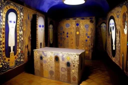 A violet tomb with ghosts and mummies designed in Navajo woven art painted by Gustav Klimt