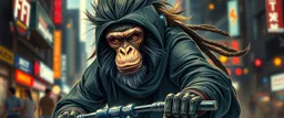 Rembrandt wall poster of ninja transparent biker monkey weasel rasta man with cute fur, in big cyberpunk city crossover, volume light and motion blur, airbrush and pen outline