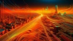 An abstract representation of a bustling metropolis, where a luminous fluid mass flows in intricate patterns through the streets, showing infrared lines that pulse like veins in a bright, colorful environment., golden hour glow