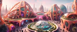 Futuristic sci-fi buildings, neon lights, carnival like event, lots of plants, voronoi patterns, architectural dome like building at the centre with a lot of busy people walking around it, hanging garden