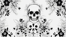 tracery of flowers and skulls, black and white, minimalistic