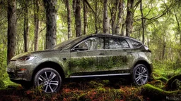 A Tesla's 'Model S Plaid' is parked, in a jungle of the Jurassic Period. CINEMATIC. WIDE ANGLE LENS. PHOTO REAL.