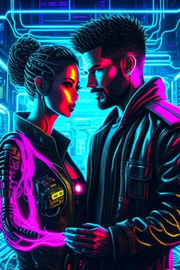 a handsome cyberpunk man connected by wires with a beautiful cyberpunk woman