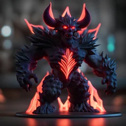 3D Print of an abstract demonic, neon infusion, spikes, vectorial, glowing, rock giant, hybrid, Controlled Randomness, depth of vision, depth of field, sharpness 35%, Low Light Photography, Unreal Engine 5, OctaneRender, object illumination, ambient occlusion, metallic texture, static background, aesthetic, cyber, glossy, glow, bloom