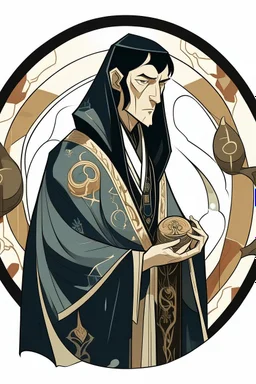 alchemist wearing a robe and black hair in art deco style
