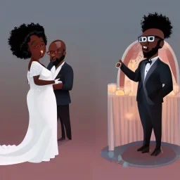 30 years old handsome black man wearing a suit and 28 years old curvy lady with afro hairstyle wearing a wedding gown at the altar, digital painting, digital illustration, extreme detail, digital art, 4k, ultra hd