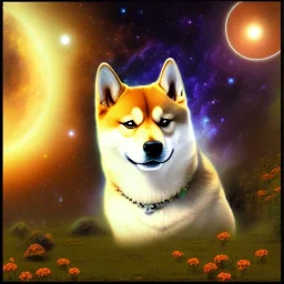 third eye ascension shiba inu doge with heaven glowing aura Q anon galaxy