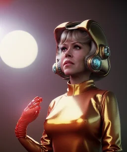 Ultra Realistic retro sci-fi image from 1960, spaceship, sweet young woman Jane Fonda with a Lizard Man, dress with tight latex coat and retro glass helmet, Retro sci-fi style, soft color, highly detailed, unreal engine 5, ray tracing, RTX, lumen lighting, ultra detail, volumetric lighting, 3d, finely drawn, high definition, high resolution.