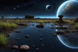 Dark blue sky with one exoplanet in the horizon, rocks, puddle, weeds, sci-fi movies influence, epic