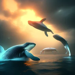 Whales in the sky, high key lighting, volumetric light high details, octane render, redshift render, ambient lighting, sunset