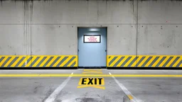 wall design for parking garage, concrete, yellow painted hazard lines, weathering and water stains, in middle is an exit doorway with small window, with a sign is above. rough painted hashmarks and parking lines, add signage found in a parking garage.
