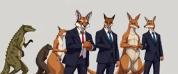 evolution from lizard foxes to kangaroos men in suits shaking hands looking cool, anime style