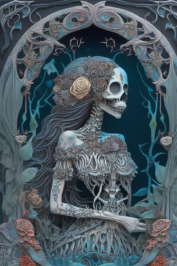 Artwork entitled "Skull Moon Pond Goddess " depicts a partially skeletonized Pond Goddess wearing a gown made from detailed quilling consisting of feathers, foliage, fish scales, flowers, and gemstones appearing inside an archway of quilling growing around her and the skull moon; insanely detailed; quilling; elegant, fantasy, rose tones, beautiful, rapturous