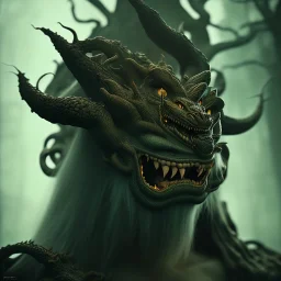 portrait photography of troll, dragon theme art, Dark moody night atmosphere, 8K, close-up face, anatomically perfect face, oak tree roots, ignore NSFW