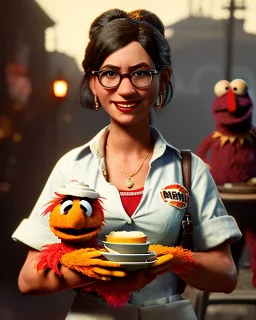 waitress woman with Sesame Street muppet mask-head, concept art, retro style, smooth, unreal engine 5, god lights, ray tracing, RTX, lumen lighting, ultra detail, volumetric lighting, 3d.