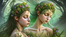 Fantasy digital illustration: a goddess of nature. Her body is covered in lush flora and trees; clusters of flowers adorn her grassy hair similar to a headdress. Her entire body appears to be made of the land itself, with a flowing "dress" made of plants and flora.