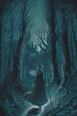 in the style of a Henry Justice Ford drawing, a beautiful witch walks through a dark forest