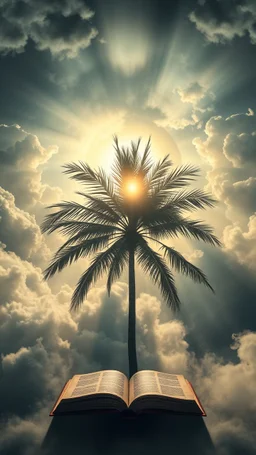 Sun light above swirling clouds, emerges from the heart of a raging storm. Turbulent winds of steam swirl around lit by shafts of sunlight that cast dramatic shadows on the A beautiful book in the middle behind a palm tree , High quality 16k cinematic scene and great photography