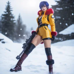 high res cinematic photo by Hajime Yatate: Faye Valentine, clad in her iconic outfit (a yellow short and a yellow latex crop top, under a red bubble sleeveless jacket), stands in the snow of Callisto with furry boots. She points her trusty gun. Amidst the icy winds and swirling snowflakes, Faye's violet hair is an 80s update of the flapper Bob, reflecting the cold beauty of the alien world.