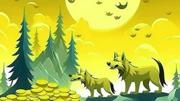 fantasy cartoon style illustration: pack of wolves is guarding golden coins near Misty Ridge