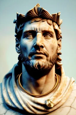 Realistic image, Roman sculpture made in white marble with gold veins, Lionel messi with gold laurel leaves crown, decorative star on the chest, waist up portrait, marble material, gold ornaments, Baroque style, sun rays background, epic, celestial, cinematic lighting, God lights, 4k resolution, smooth details, soft lighting, unreal engine 5, art station, substance 3d.