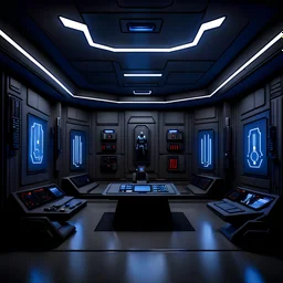 sith advanced scouting room, simple design, clean layout, muted lights, soft lighting, blue and black color, black shading, grey lighting, dark