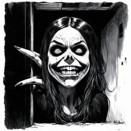 High-definition, riveting sketchy image of a spooky zombie girl with an exaggerated large mouth twisted into an ironic smile. She is characterized by her long, sharply curved fingernails and dirty, unkempt hair. This chilling presence is seen peeking around a corner in a dark, deserted hallway. The image has a blend of styles: heavy metal art of Wes Benscoter like a Slayer 'Season's in the Abyss' cover; the eerie and surreal feel reminiscent of late 19th-century Gothic art; watercolor expressive