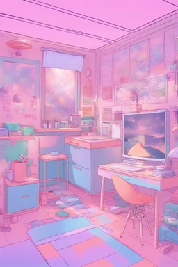 a drawing of the girl's room is adorned with neon and light up posters, in the style of pastel, anime aesthetic