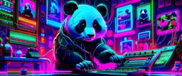 a panda playing synthetizer, cyberpunk, neon lights, neon signs