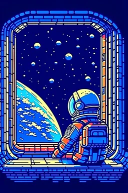 An astronaut in their spaceship looking at a planet through the window. Pixel art