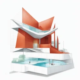 Architectural drawing of a Neofuturistic art museum, (((isometry))), ultra quality, people, treets