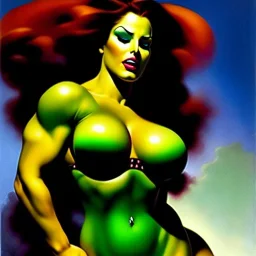 portrait oil on canvas, beautiful busty She-Hulk, green big eyes, ,minimal armor,comic book cover, mystical colors,insanely detailed,realistic,intrincate detail, 16k resolution, masterpiece,Frank Frazetta,Alex Horley, Simon Bisley