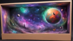 a box 10 cm long by 5 cm wide and 25 cm high, drawn on a box on all sides, space, tress, planets, butterfly nebula, crow galaxies a lot of colours purple, green and red, portal too others galaxy, realistic