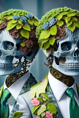 Surreal Couple Made Of Metal Skeletons With Flowering Vines Growing Through; Wearing Blue Gray Green Striped Business Suits With Paisley Shirts And Ties; Surreal, Intricately Detailed, Beautiful, Colorful