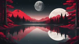 Un fondo de pantalla con una luna en el medio superior, un lago donde se refleje la luz de la luna, y un bosque con arboles y montañas, con la paleta de color de rojo, blanco y negro