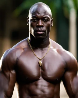 Adewale Akinnuoye-Agbaje as a handsome dark skinned and muscular heavy set man with a bald head and neatly trimmed beard. he is shirtless. he has a gold earing in his left ear. modern setting