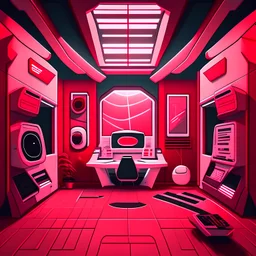 Cartoon futuristic dark red, red, pink, and white space computer room interior