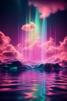 3d render, abstract neon background with cloud, glowing vertical lines and water. Fantastic seascape