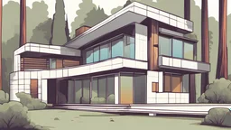 Cartoon oldschool modern architecture house in forest