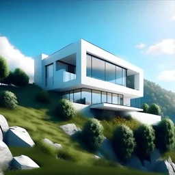 Hermosa Casa campestre moderna minimalista en el acantilado, calidad ultra, hiperdetallada, colores contrastantes, 8k