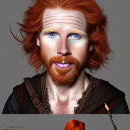 Portrait of Courtney Gains as a ruggedly handsome but joyful roguish pirate, charismatic, attractive male, masculine, perfect, precisely detailed, lightly freckled face, meticulously detailed multi-hued ginger carrot colored cherry fire red hair; Malachai of the corn; fantasy, intricate, elegant, highly detailed, digital painting, artstation, concept art, matte, sharp focus, illustration, art by artgerm and greg rutkowski and alphonse mucha