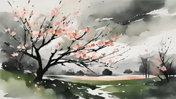 early spring, a Central European garden before imminent storm, strong wind, a peach tree blossom (petals blown in the wind:1.6), minimal acrylic and watercolor and ink, (tint leaks:1.6), dark grey and green and peach blossom colors, harsh contrasts, windy dynamics, petals swoosh