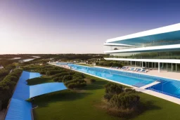 Sunset algarve in quinta do lago, one straight line building of 250 meters long modern luxury architecture with pool on rooftop, with green roofs and sun loungers next to pool, overlooking a tennis and padel sport facility and inserted in the Ria Formosa Natural park, on a slope with pinus pinea, a wrap around low speed veicular road