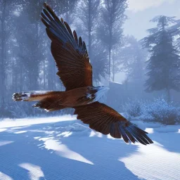 bird of prey, feathers, extremely sharp detail, finely tuned detail, ultra high definition, 8k resolution, dynamic lighting, unreal engine 5, ultra sharp focus, winter landscape, background trees