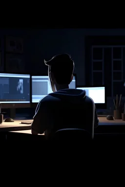 Random movie stills from Disney 3d animation, back views. The scene opens with an opening shot of a young man in a studio, seated at a desk with a iMac, website in iMac, The room is furnished and dark.The camera gradually pushes in, focusing on the young man's back as he engages in work.